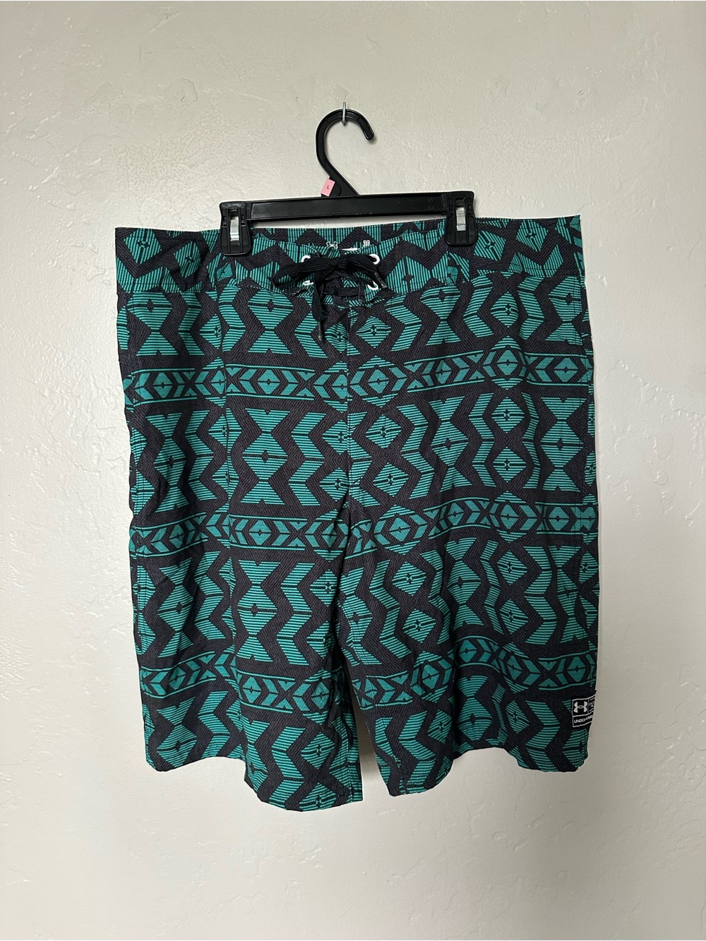 Under Armour Swim Teal Black Geometric Board Shorts Zipper Lace Up